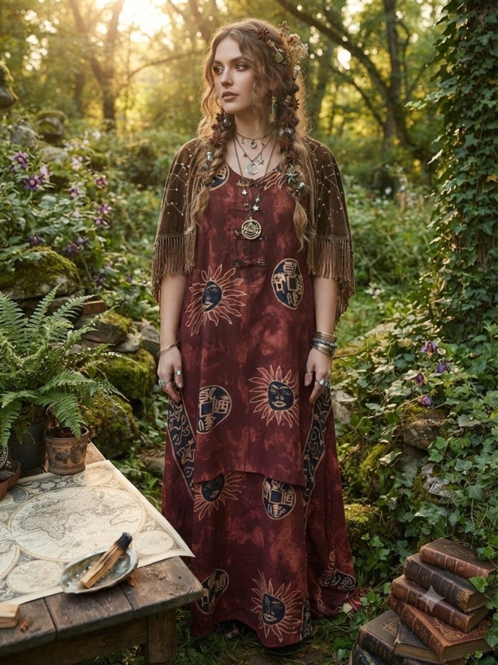Kartini Vintage Boho Batik Sun Celestial Coin Hippie Maxi Dress M/L(?) Rayon